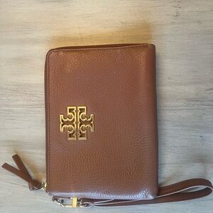 Tory Burch Chestnut Pebbled Leather Wristlet with Gold Logo